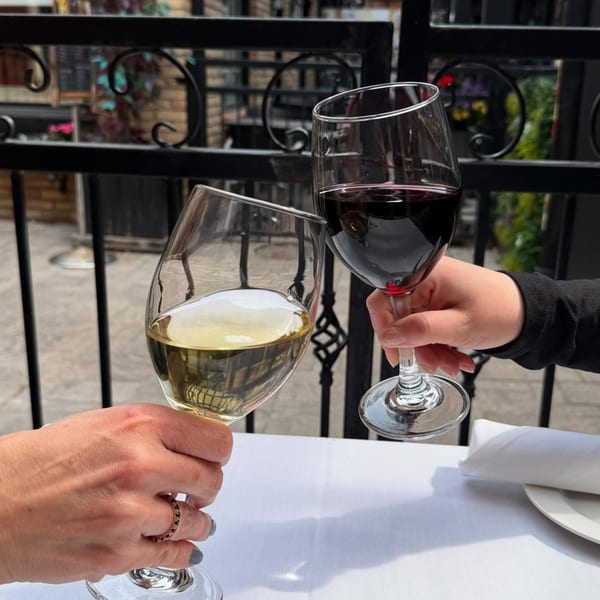 Two people clinking wine glasses, one white and one red, on an outdoor patio at Paradiso's Restaurant.