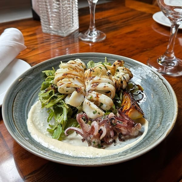 Grilled calamari and baby octopus served on a bed of arugula with a creamy sauce.